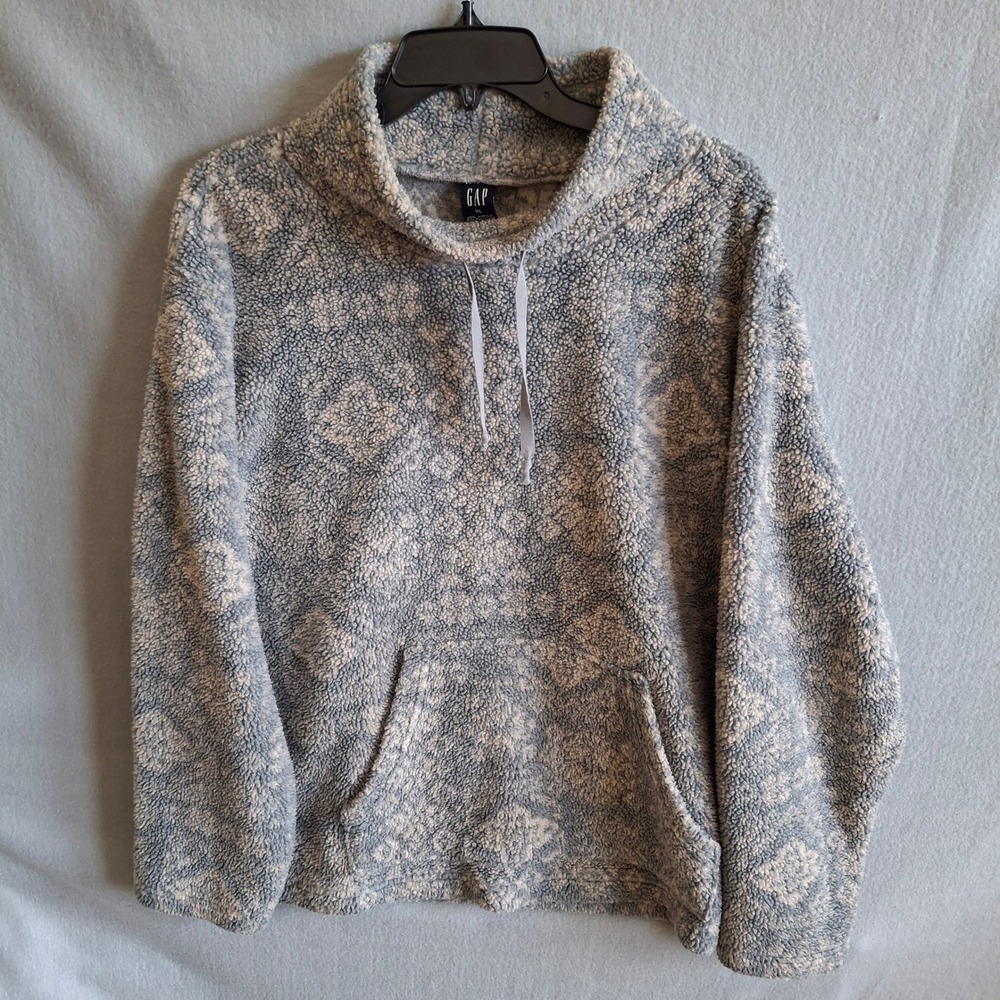 Vintage Gap Fleece Hoodie XL Blue Cream Damask‎ Sherpa Pullover Made in USA